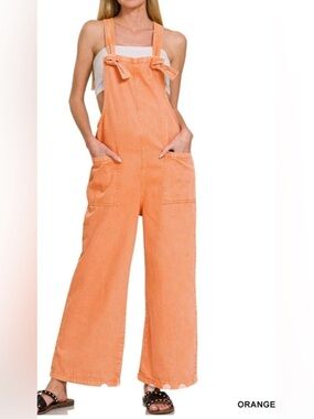 Zenana Orange Wide-Leg Knot Tie Denim Overalls